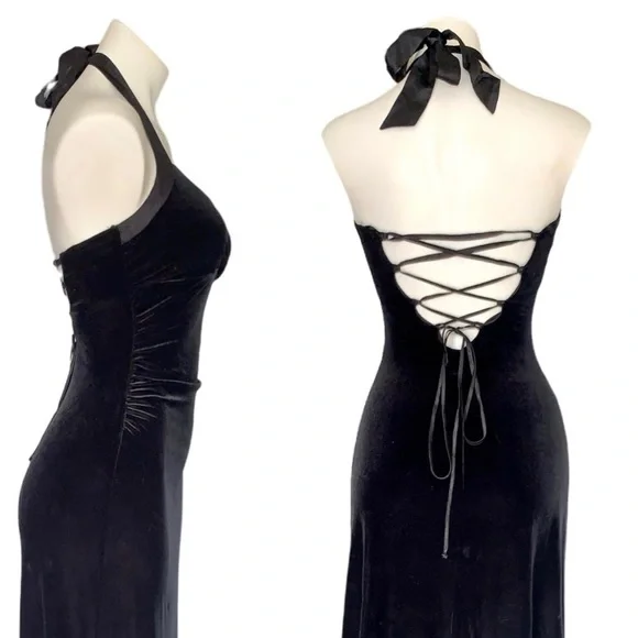 v i n t a g e :: Gorgeous Black Velvet Corset Tie Halter Maxi Dress - Picture 10 of 14